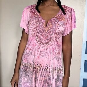 World Unity Y2k pink fairy boho rhinestone asymmetrical tunic top